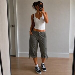 Rickis Olive Green Utility Capri Pants Ruched Hem Women 8 Y2K Indie Streetwear